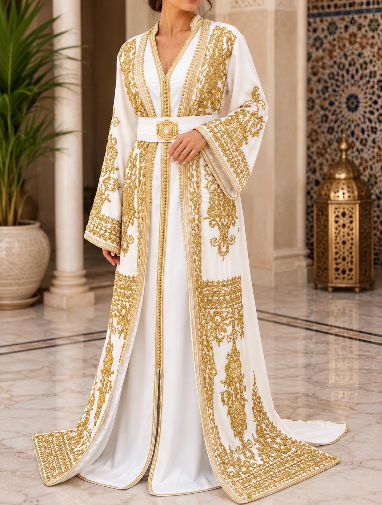 Moroccan Wedding Dress Bridal Takchita Gold Embroidered Caftan Traditional Kaftan Design Two Piece Gown Sleeveless Inner Dress V Neckline Beadwork Details Satin Lined Outer Layer Elegant Wedding Ceremony Attire Formal Celebration Outfit