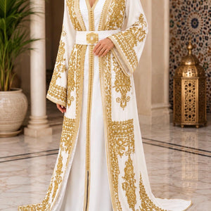 Moroccan Wedding Dress Bridal Takchita Gold Embroidered Caftan Traditional Kaftan Design Two Piece Gown Sleeveless Inner Dress V Neckline Beadwork Details Satin Lined Outer Layer Elegant Wedding Ceremony Attire Formal Celebration Outfit