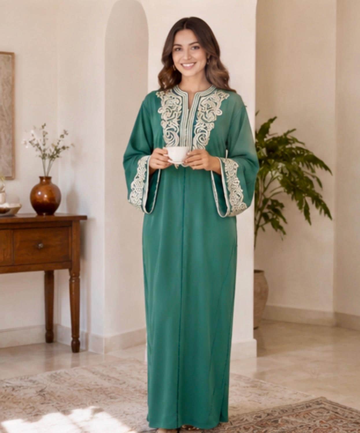 Embroidered Kaftan Dress Traditional Moroccan Caftan Silver Embroidery Details Elegant Islamic Modest Clothing Formal Wedding Engagement Dress Eid Ramadan Outfit Teal Green Crepe Satin Lined Luxurious Women Attire Arabian Nights Fashion