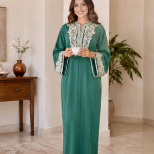 Embroidered Kaftan Dress Traditional Moroccan Caftan Silver Embroidery Details Elegant Islamic Modest Clothing Formal Wedding Engagement Dress Eid Ramadan Outfit Teal Green Crepe Satin Lined Luxurious Women Attire Arabian Nights Fashion