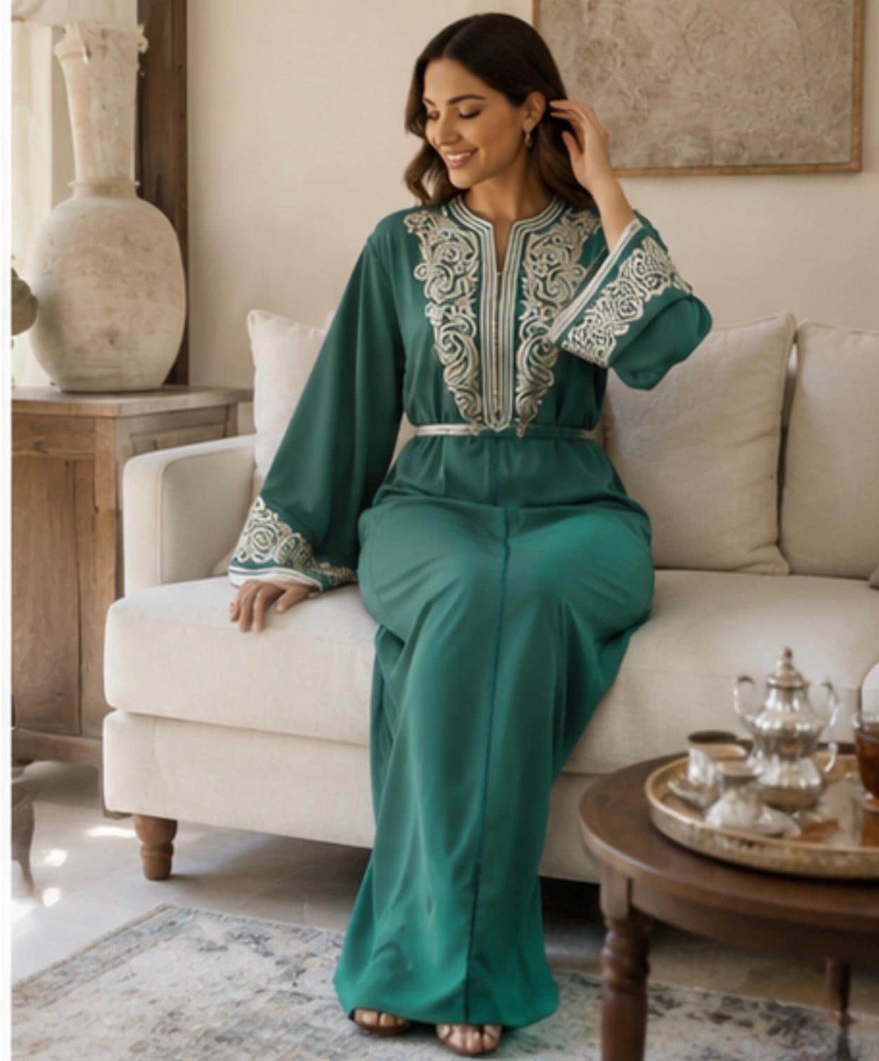 Moroccan Caftan Formal Dress Traditional Embroidered Kaftan Silver Embroidery Sfifa Trim Elegant Islamic Clothing Modest Wedding Dress Eid Celebration Outfit Engagement Party Attire Teal Green Crepe Fabric Satin Lined Luxurious Women Formal