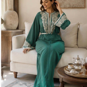 Moroccan Caftan Formal Dress Traditional Embroidered Kaftan Silver Embroidery Sfifa Trim Elegant Islamic Clothing Modest Wedding Dress Eid Celebration Outfit Engagement Party Attire Teal Green Crepe Fabric Satin Lined Luxurious Women Formal