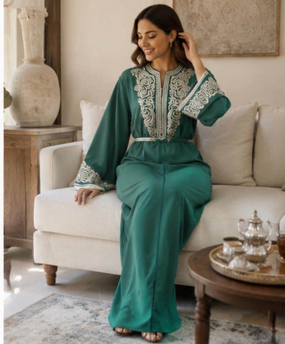 Moroccan Caftan Formal Dress Traditional Embroidered Kaftan Silver Embroidery Sfifa Trim Elegant Islamic Clothing Modest Wedding Dress Eid Celebration Outfit Engagement Party Attire Teal Green Crepe Fabric Satin Lined Luxurious Women Formal