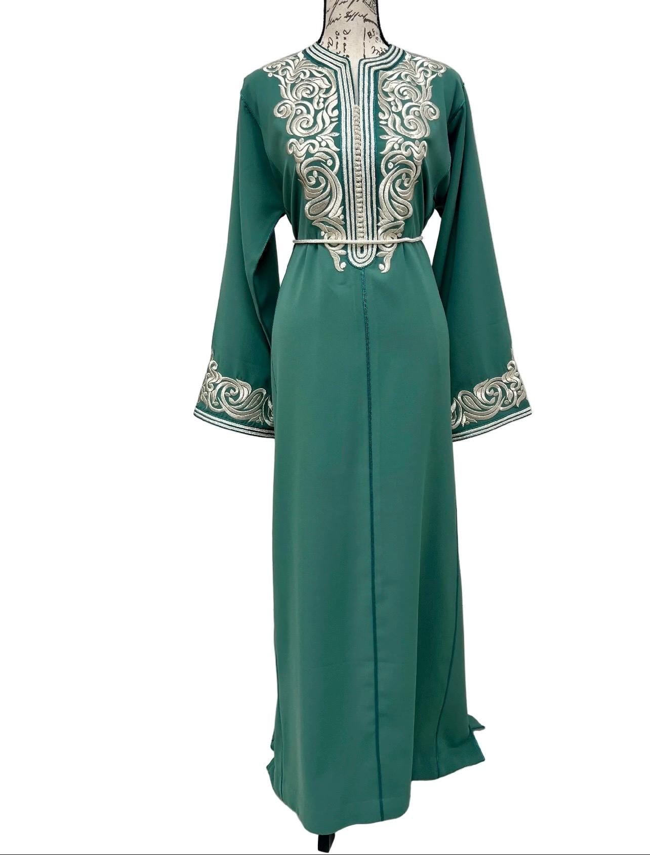 Islamic Modest Dress Moroccan Caftan Traditional Kaftan Embroidered Formal Wear Elegant Wedding Engagement Outfit Eid Ramadan Celebration Dress Silver Embroidery Sfifa Trim Teal Green Crepe Satin Lined Luxurious Women Clothing Arabian