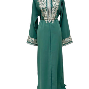 Islamic Modest Dress Moroccan Caftan Traditional Kaftan Embroidered Formal Wear Elegant Wedding Engagement Outfit Eid Ramadan Celebration Dress Silver Embroidery Sfifa Trim Teal Green Crepe Satin Lined Luxurious Women Clothing Arabian