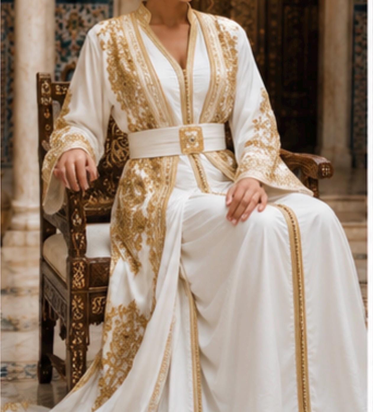 Elegant Wedding Caftan Moroccan Bridal Takchita Gold Embroidered Traditional Kaftan Two Piece Gown Design Beadwork Embellished Dress Sleeveless V Neckline Style Satin Lined Duster Layer Formal Bridal Ceremony Attire Cultural Wedding Outfit