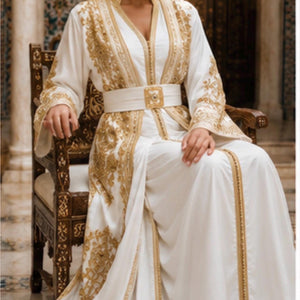 Elegant Wedding Caftan Moroccan Bridal Takchita Gold Embroidered Traditional Kaftan Two Piece Gown Design Beadwork Embellished Dress Sleeveless V Neckline Style Satin Lined Duster Layer Formal Bridal Ceremony Attire Cultural Wedding Outfit