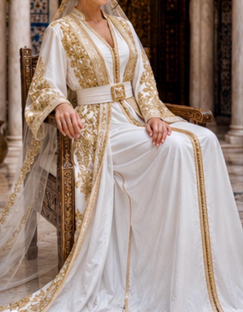 Traditional Bridal Kaftan Moroccan Wedding Takchita Gold Embroidered Design Two Piece Caftan Gown Beadwork Details Sleeveless Inner Dress V Neckline Style Satin Lined Outer Layer Elegant Wedding Ceremony Outfit Formal Bridal Attire Cultural