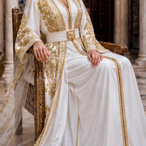 Traditional Bridal Kaftan Moroccan Wedding Takchita Gold Embroidered Design Two Piece Caftan Gown Beadwork Details Sleeveless Inner Dress V Neckline Style Satin Lined Outer Layer Elegant Wedding Ceremony Outfit Formal Bridal Attire Cultural